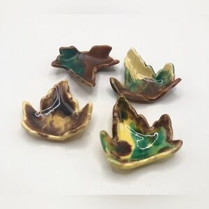 Artisan Leaf-Shaped Ceramic Dishes - Green, Brown, Yellow 2”x2”